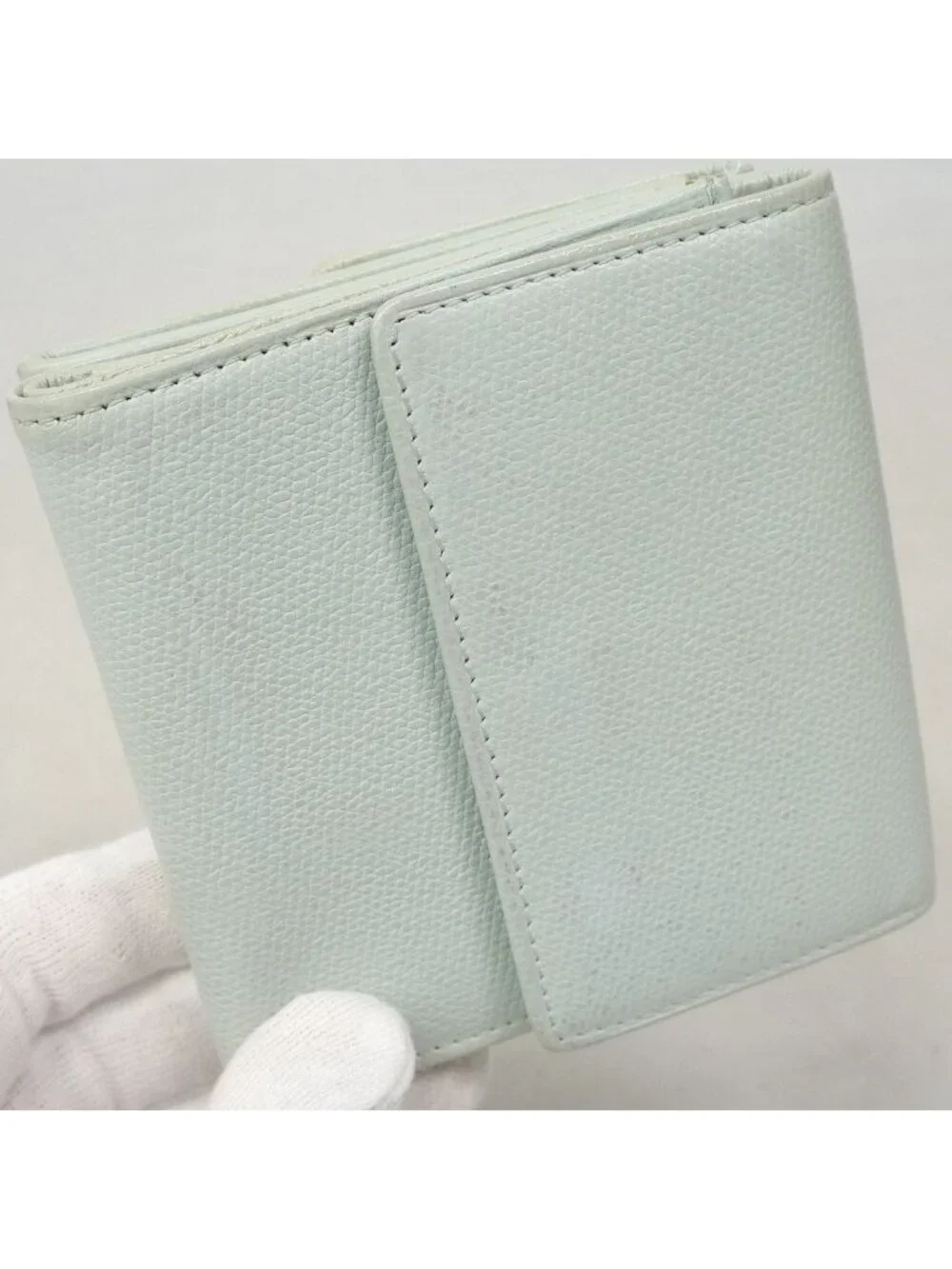 Chanel Trifold Wallet Coco Buttons Caviar Leather Light Green Gold